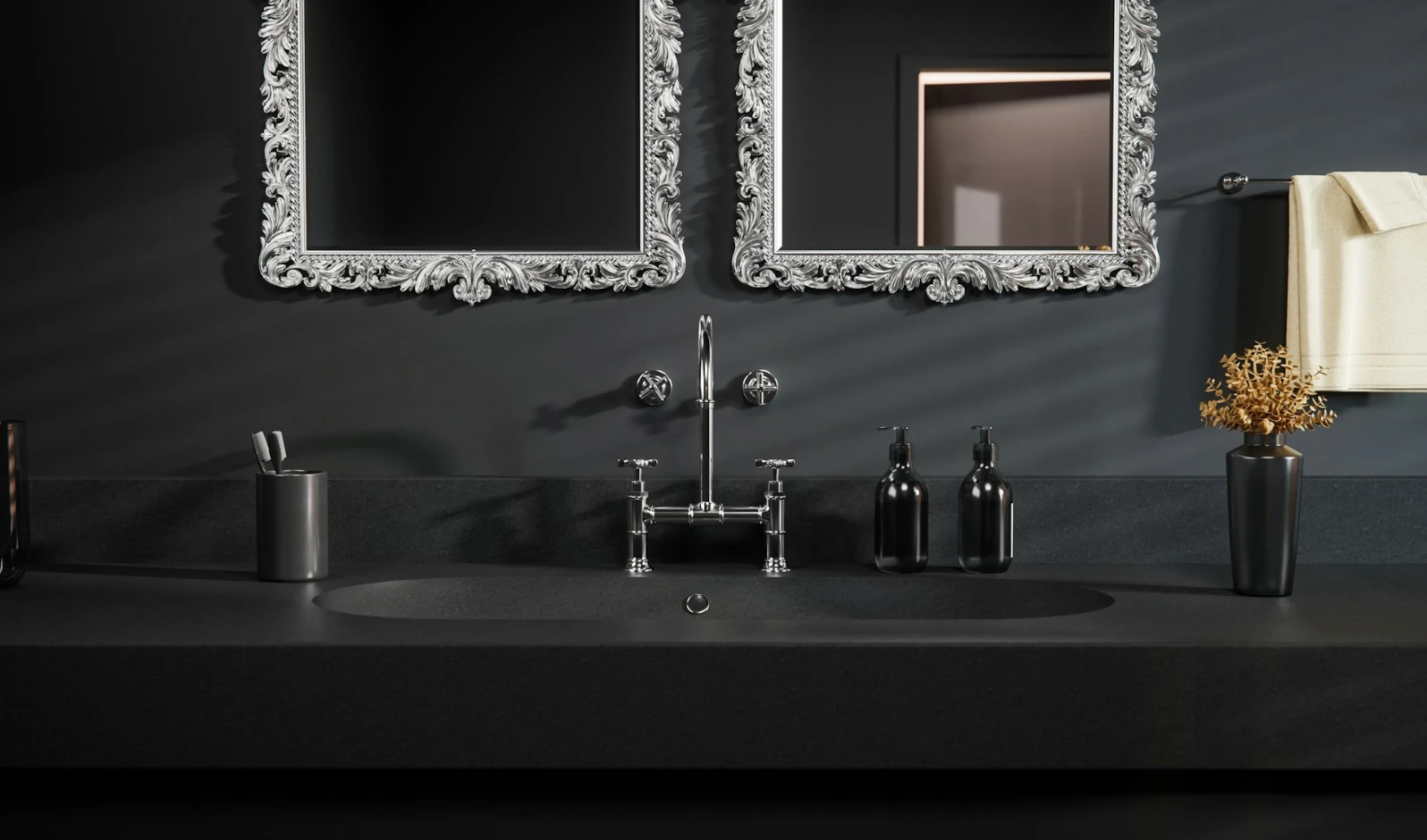 a bathroom sink with two mirrors above it